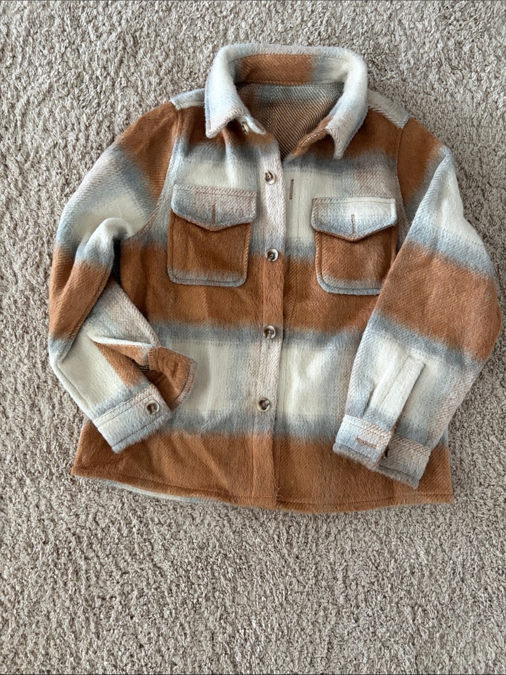 Kids Brown & Cream Plaid Button-Up Shacket WARM - NEW!